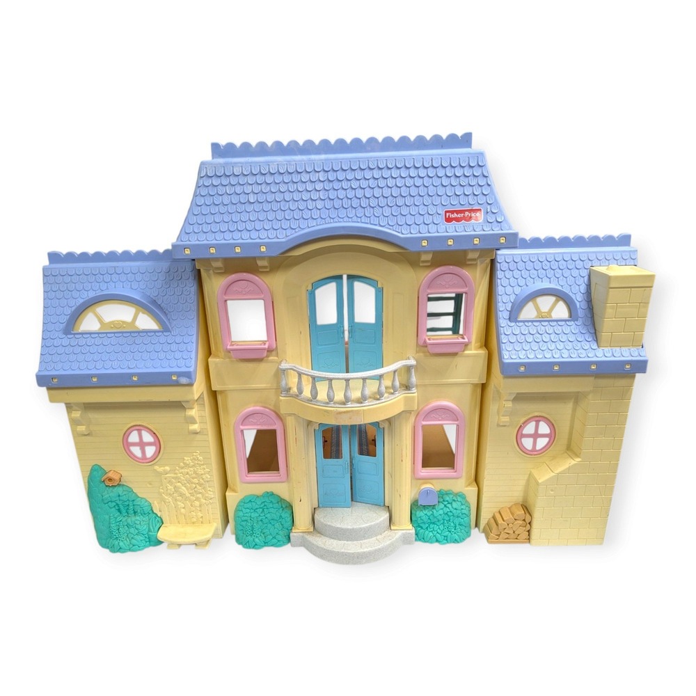 Fisher-Price Vintage Loving Family Grand Dollhouse Blue Roof Yellow 90s Toy